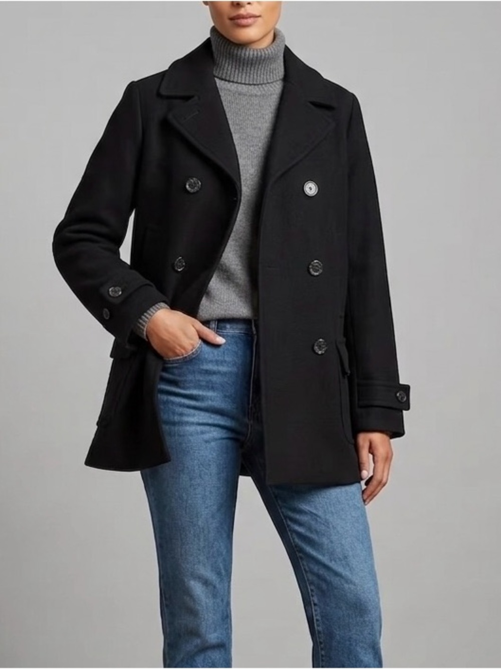 Eddie Bauer Black Wool Blend Double Breasted Pea Coat Jacket Size M